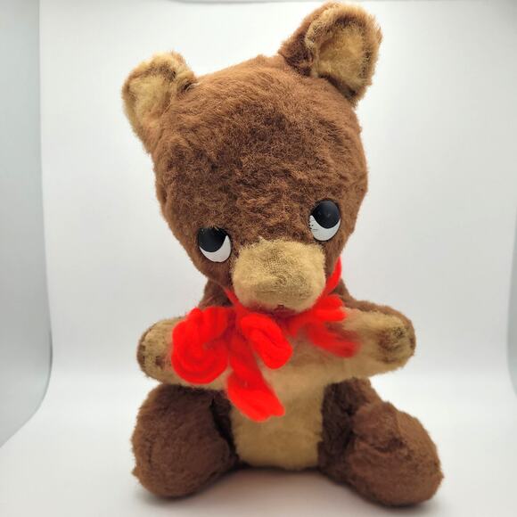 Vintage Worn Plush Teddy Bear Brown & Tan with Red Bow Plastic Eyes 10" - Picture 1 of 10